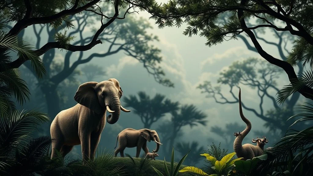 A breathtaking, lush tropical rainforest at dawn with golden sunlight filtering through a dense canopy.